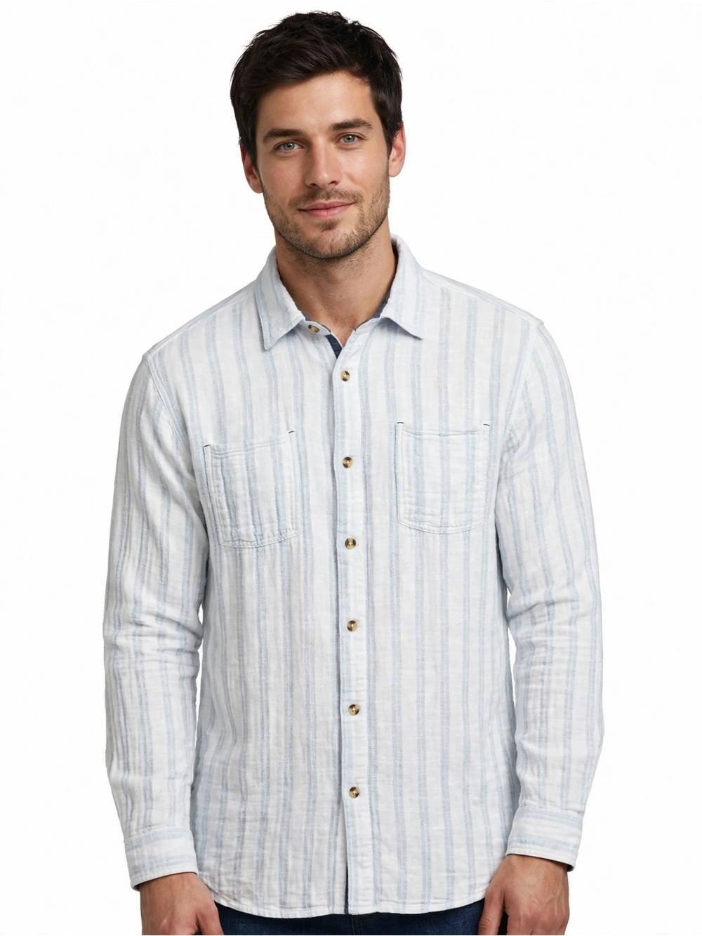 Carbon2Cobalt L White Blue Stripe Cotton Button Down Coastal Boho Shirt